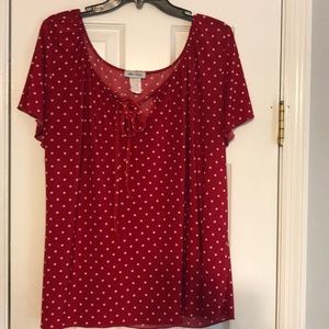 Red with white polka dots top.